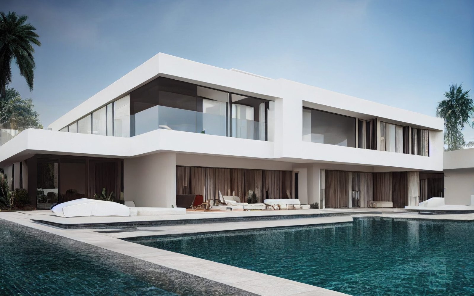 Luxury pool villa spectacular contemporary design digital art real estate , home, house and property, Generative AI illustration.